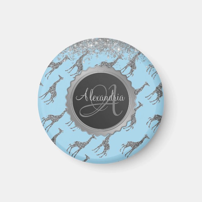 Glittery Silver Giraffe on Dreamy Blue Monogram Magnet (Front)