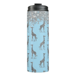 Glittery Silver Giraffe on Dreamy Blue Thermal Tumbler