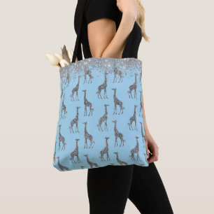 Glittery Silver Giraffe on Dreamy Blue Tote Bag