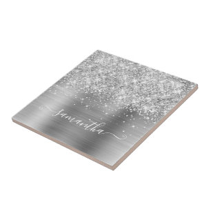 Glittery Silver Girly Signature Calligraphy Ceramic Tile