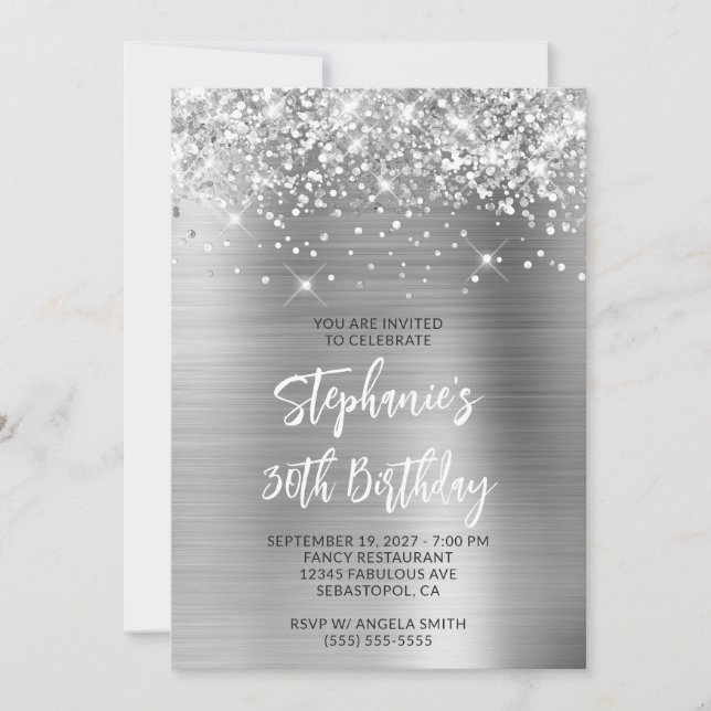 Glittery Silver Glam 30th Birthday Brush Script Invitation (Front)