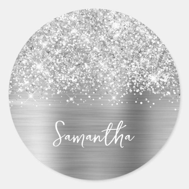 Glittery Silver Glam Name Classic Round Sticker (Front)