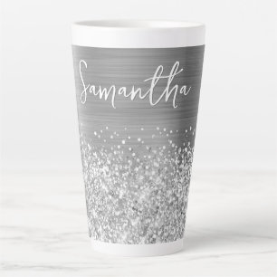 Glittery Silver Glam Name Latte Mug