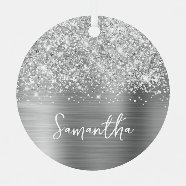 Glittery Silver Glam Name Metal Tree Decoration (Front)