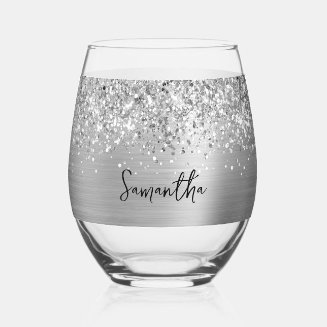 Glittery Silver Glam Name Stemless Wine Glass (Front)