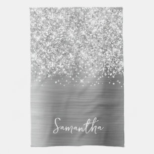 Glittery Silver Glam Name Tea Towel