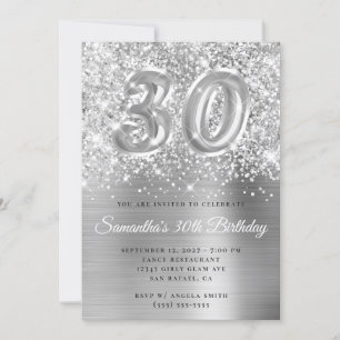 Glittery Silver Glam Number 30th Birthday  Invitation