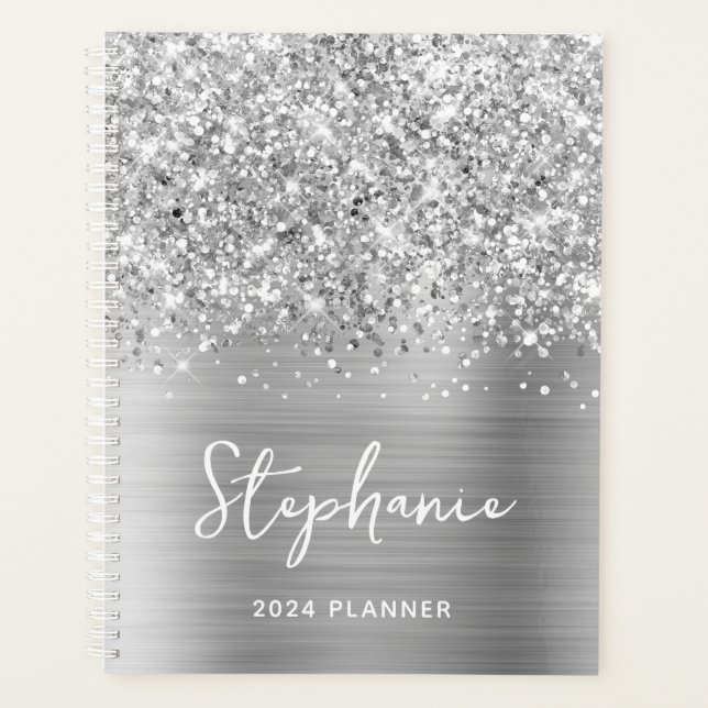 Glittery Silver Glam Personalised 2024 Planner (Front)
