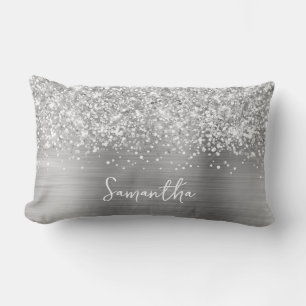 Glittery Silver Glam Script Name Lumbar Cushion