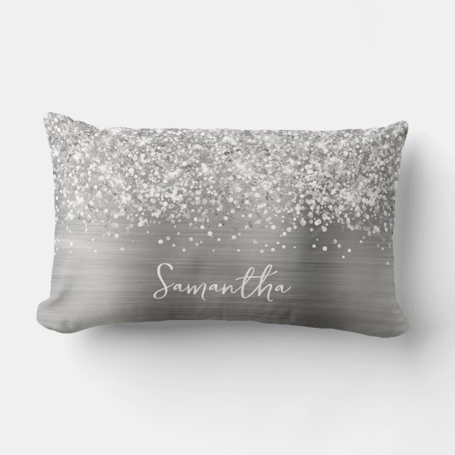 Glittery Silver Glam Script Name Lumbar Cushion (Front)