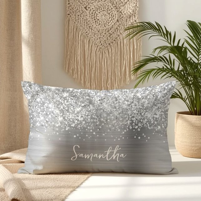 Glittery Silver Glam Script Name Lumbar Cushion (Glittery Silver Glam Script Name Lumbar Pillow)