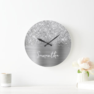 Glittery Silver Glam White Script Name Large Clock