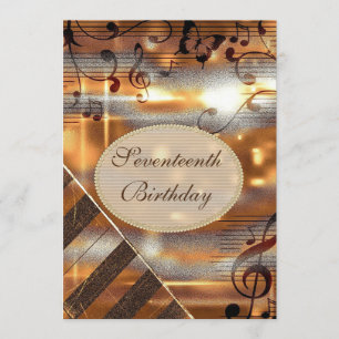 Glittery Silver & Gold Music Notes 17th Birthday Invitation