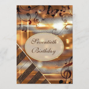 Glittery Silver & Gold Music Notes 70th Birthday Invitation