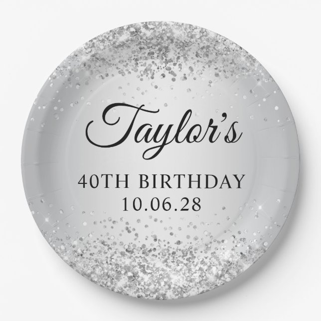 Glittery Silver Gradient 40th Birthday Paper Plate (Front)