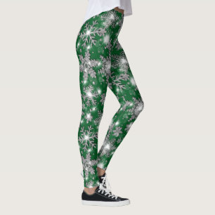 Glittery silver green festive snowflake pattern   leggings
