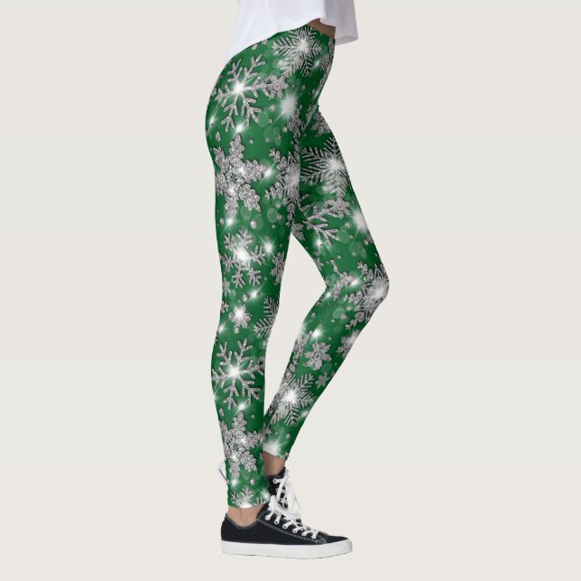 Glittery silver green festive snowflake pattern   leggings (Right)