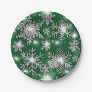 Glittery silver green festive snowflake pattern  paper plate