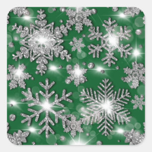 Glittery silver green festive snowflake pattern   square sticker