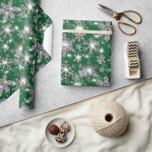 Glittery silver green festive snowflake pattern    wrapping paper