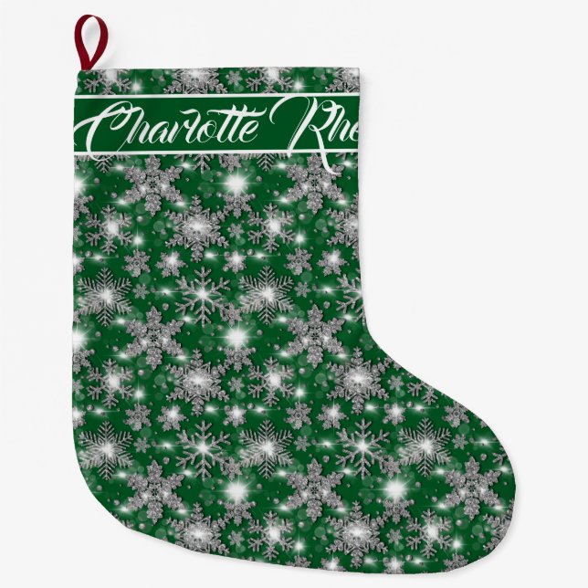 Glittery silver green festive snowflakes pattern   large christmas stocking (Front)