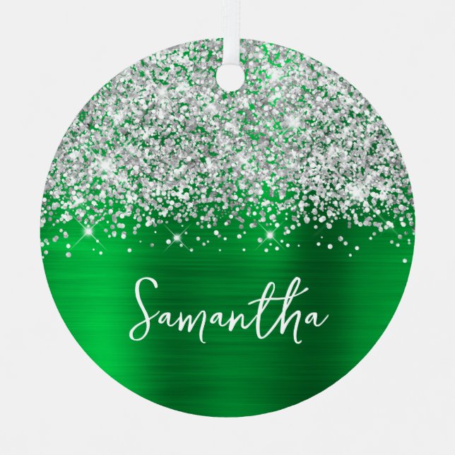 Glittery Silver Green Glam Name Metal Tree Decoration (Front)