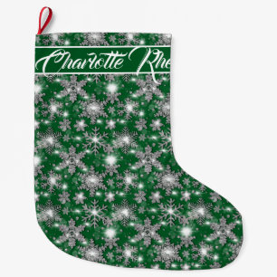 Glittery silver green snowflakes personalise  large christmas stocking