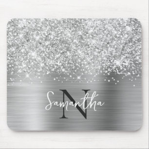 Glittery Silver Grey Glam Monogrammed Mouse Pad