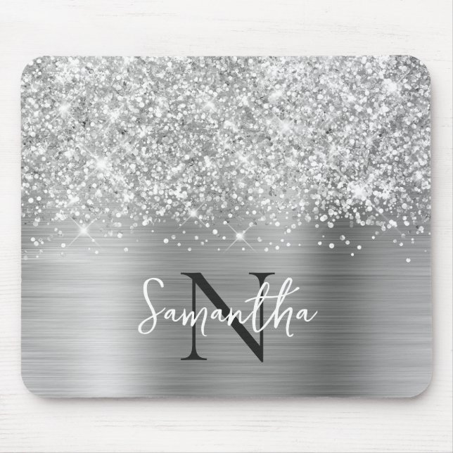 Glittery Silver Grey Glam Monogrammed Mouse Pad (Front)