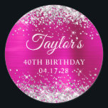 Glittery Silver Hot Pink Foil 40th Birthday Classic Round Sticker<br><div class="desc">Create your own 40th birthday party favour stickers. Girly faux sparkly silver glitter on the top and bottom edge, over a faux magenta and hot pink brushed metal style ombre foil. Customise the font styles to create your own favour sticker design for her special celebration. A classic elegant calligraphy paired...</div>