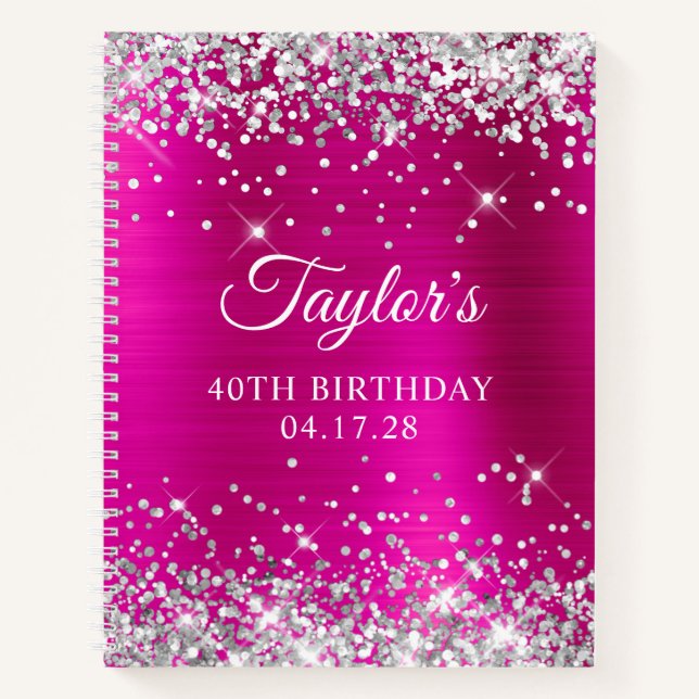 Glittery Silver Hot Pink Foil 40th Birthday Notebook (Front)