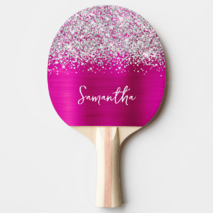 Glittery Silver Hot Pink Glam Name Ping Pong Paddle