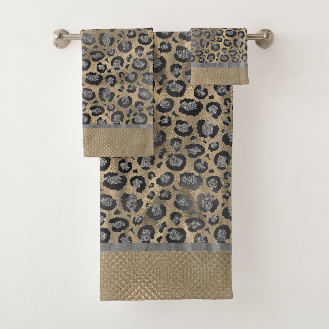 Glittery Silver Leopard  Print on Glossy Gold Bath Towel Set (Insitu)