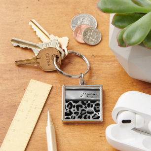 Glittery Silver Leopard Safari Print Personalised Key Ring