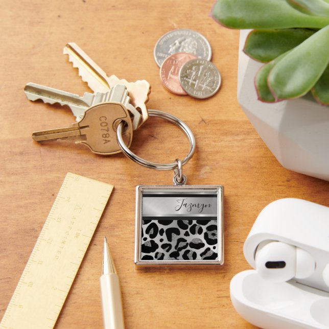Glittery Silver Leopard Safari Print Personalised Key Ring (Desk)