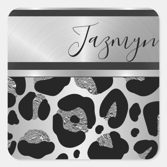 Glittery Silver Leopard Safari Print Personalised  Square Sticker (Front)