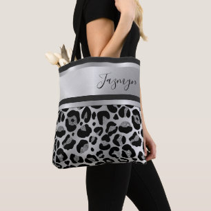 Glittery Silver Leopard Safari Print Personalised Tote Bag
