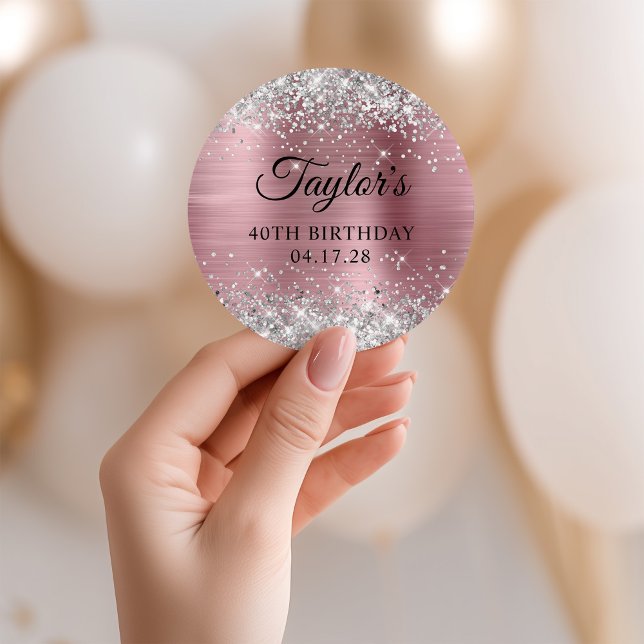 Glittery Silver Light Pink Foil 40th Birthday Classic Round Sticker (Glittery Silver Light Pink Foil 40th Birthday Classic Round Sticker)