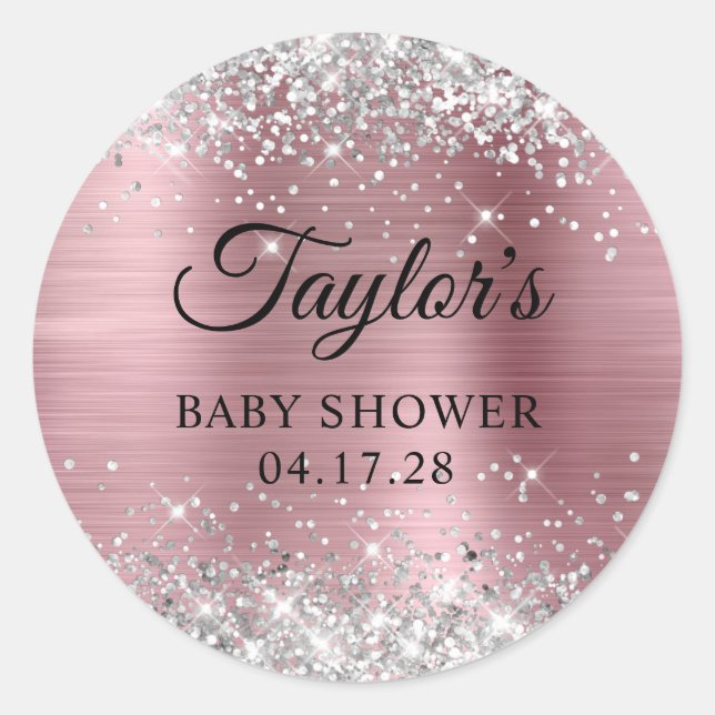 Glittery Silver Light Pink Foil Baby Shower Classic Round Sticker (Front)