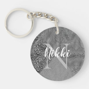 Glittery Silver Lotus Leopard Monogram           Key Ring