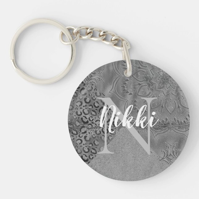 Glittery Silver Lotus Leopard Monogram           Key Ring (Front)
