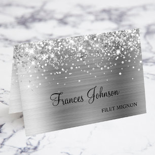 Glittery Silver Meal Choice Name Place Cards