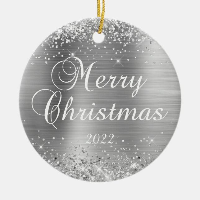 Glittery Silver Merry Christmas Family Photo Ceramic Ornament (Front)