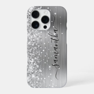 Glittery Silver Metallic Girly Signature iPhone 16 Pro Case