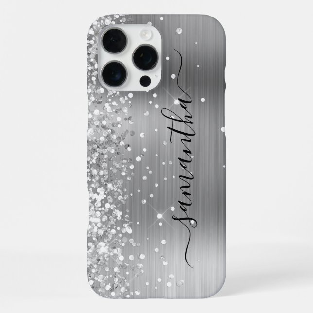 Glittery Silver Metallic Girly Signature iPhone Case (Back)
