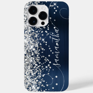 Glittery Silver Navy Blue Glam Curly Signature Case-Mate iPhone 14 Pro Max Case
