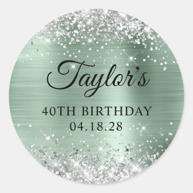 Glittery Silver Pale Mint Foil 40th Birthday Classic Round Sticker (Front)