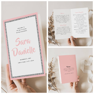 Glittery Silver & Pink Bat Mitzvah Folded Program Flyer