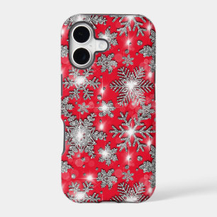 Glittery silver red festive snowflake pattern