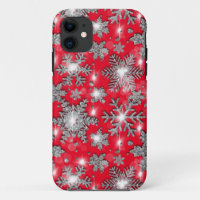 Glittery silver red festive snowflake pattern